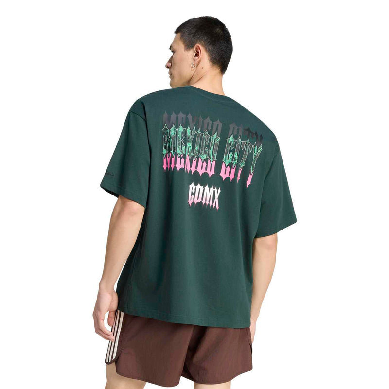 Men's dark green T-shirt with large back graphic print and pink logo text