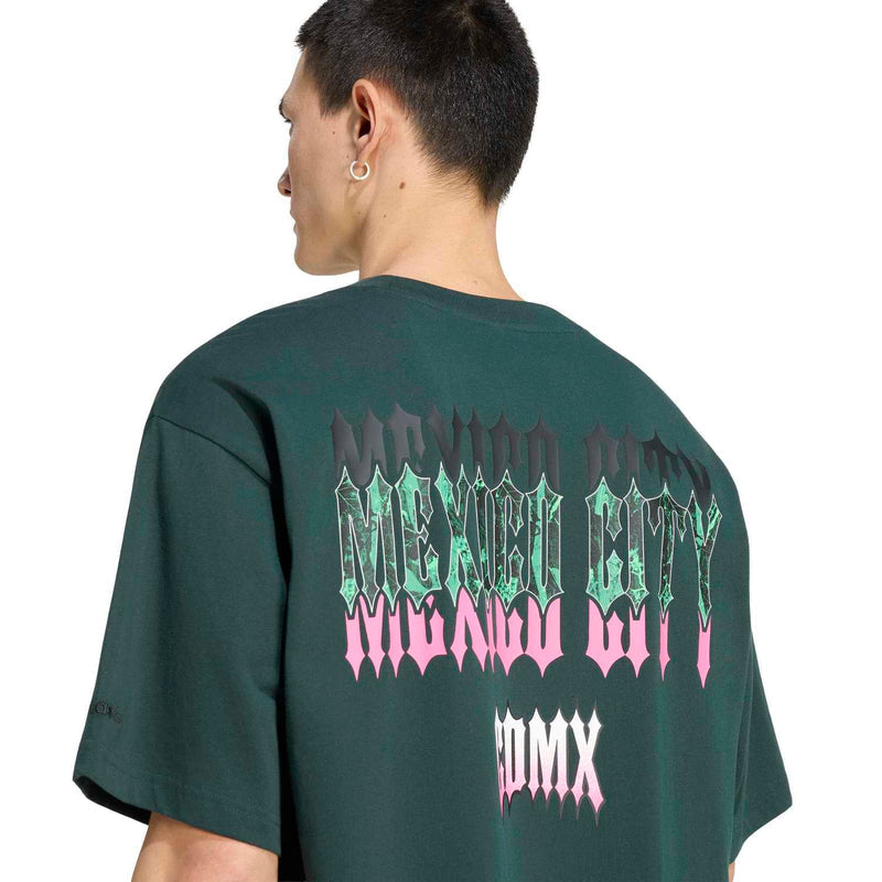 Men's dark green T-shirt back graphic with jagged multicolor shapes and pink logo