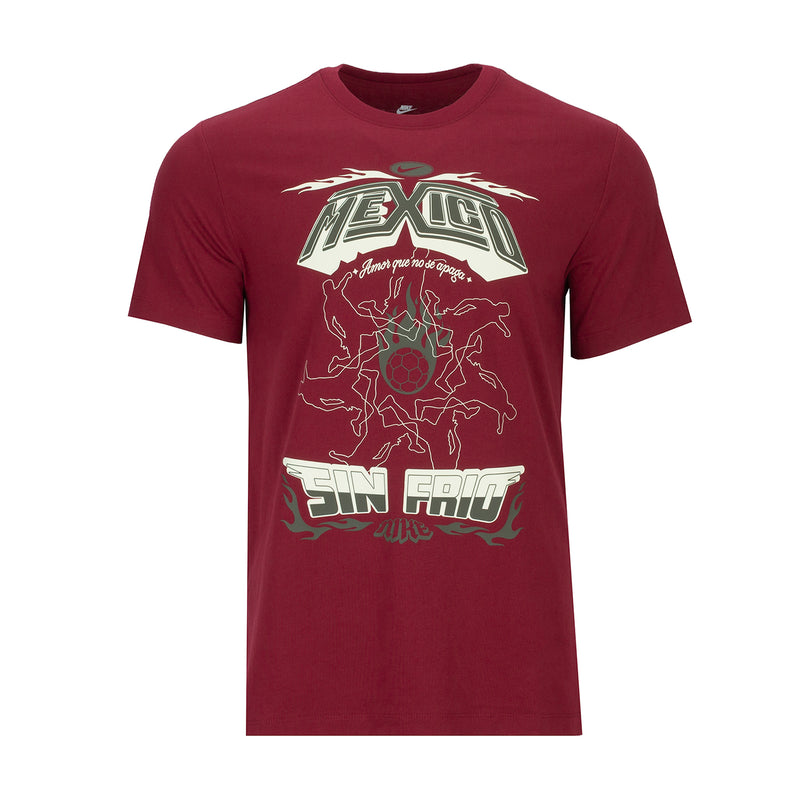 Men's maroon Mexico futbol tee with centered crest and 'Sin Frio' graphic
