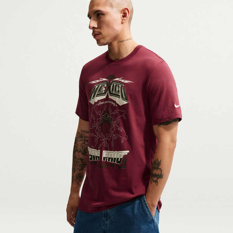Men's maroon Mexico futbol tee with 'Mexico' crest; small white logo on sleeve