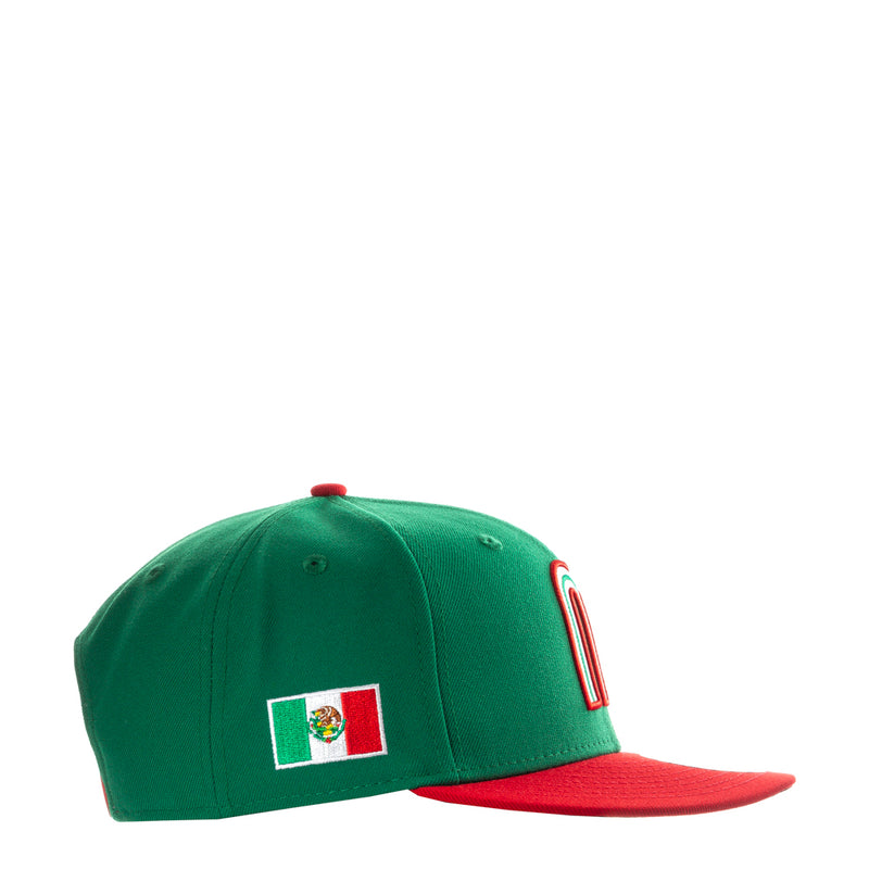 Green baseball cap with Mexico flag side patch and red brim