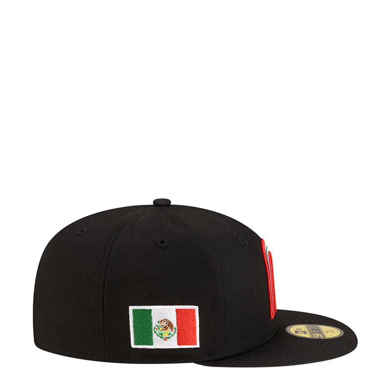Black baseball cap with embroidered Mexico flag patch on front