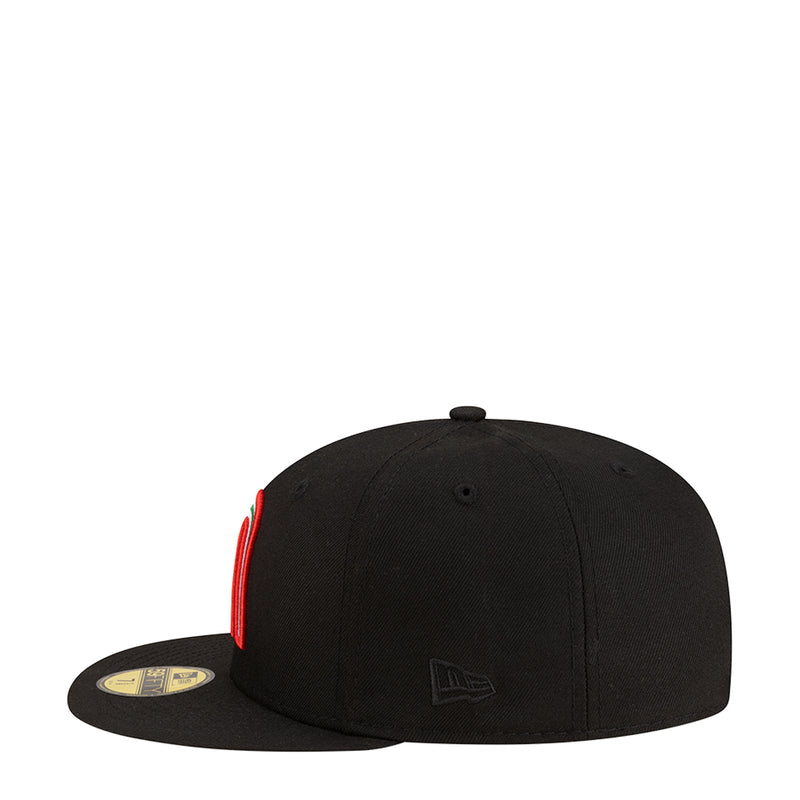 Black baseball cap with embroidered side detail and flat brim