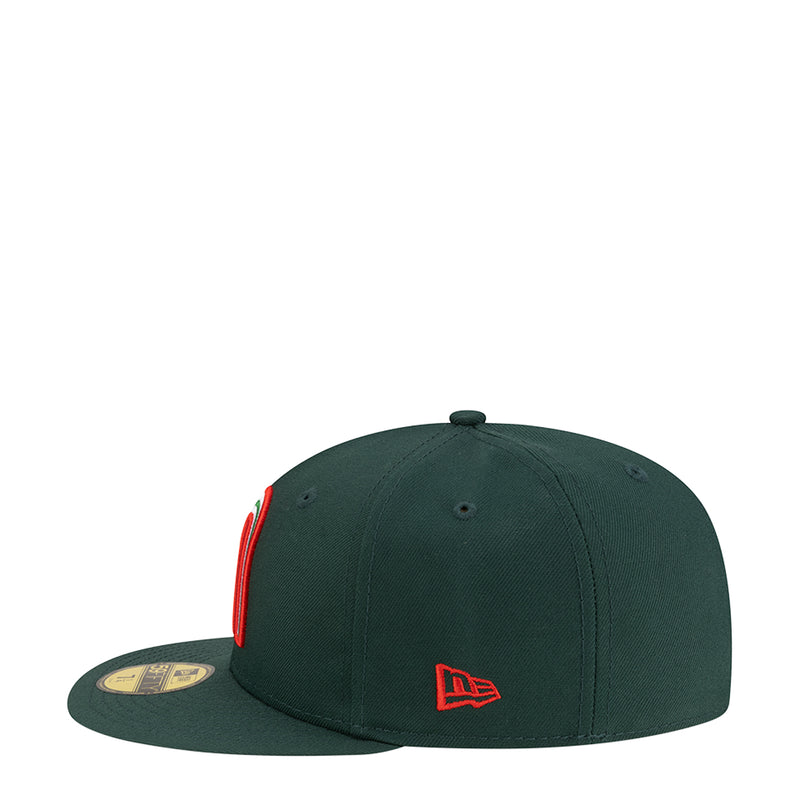 Dark green baseball cap with red New Era logo on front and side flag stripe