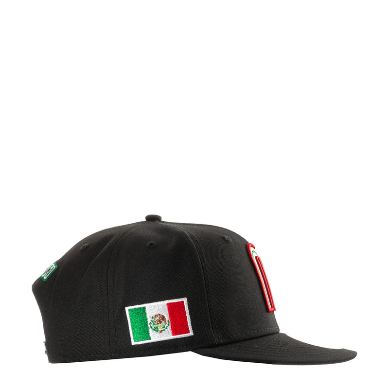 Black snapback cap with embroidered Mexico flag patch on front panel