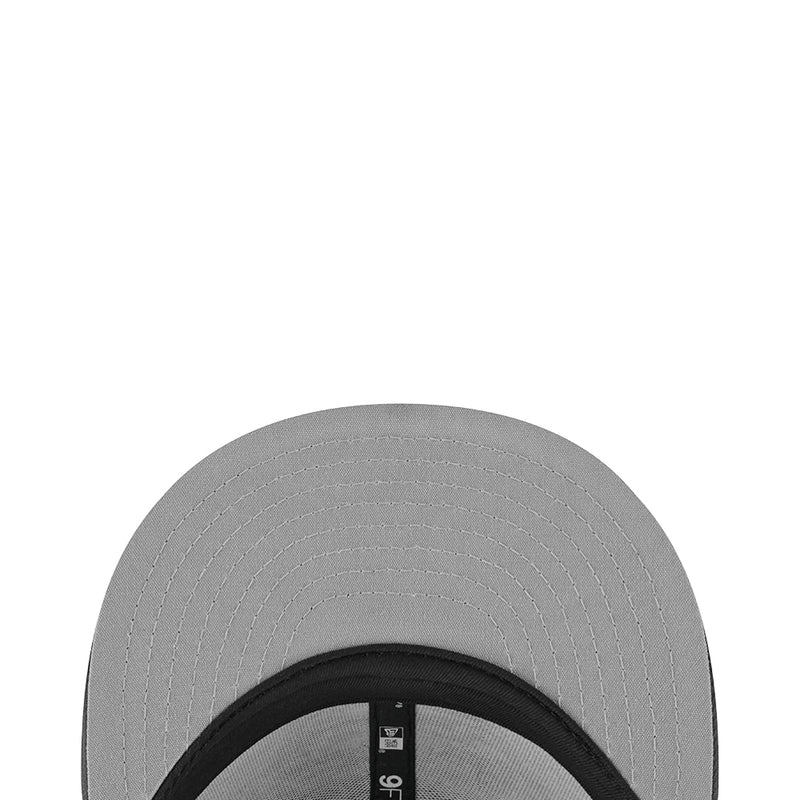 Light gray baseball cap underside with black inner band and stitching