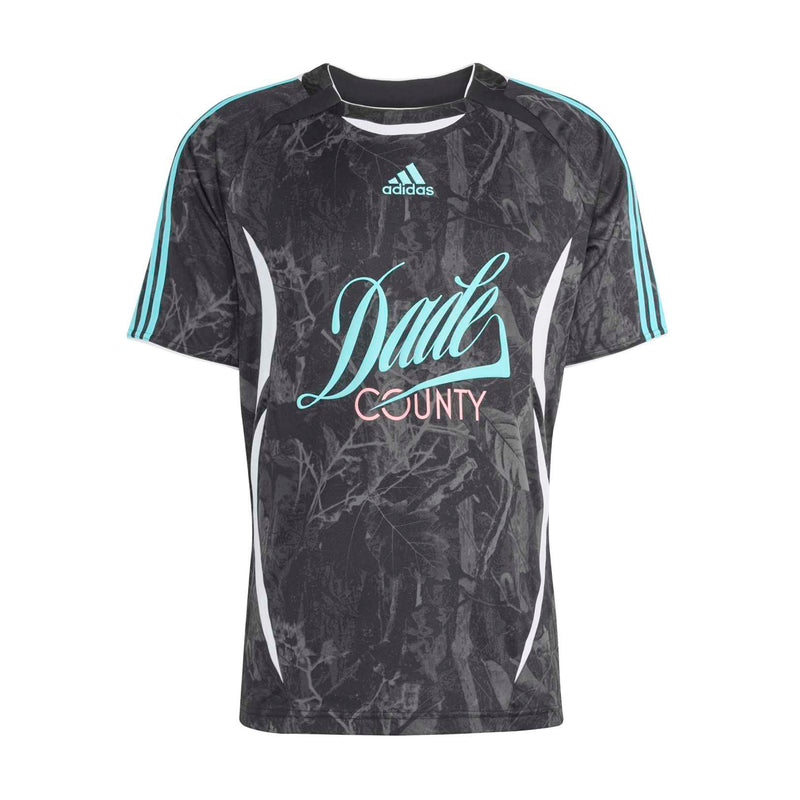 Men's dark graphic soccer jersey with teal shoulder stripes and 'Dade County' print