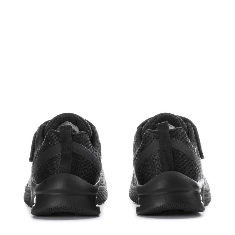 Kids black lace-up sneakers with rear pull tab and cushioned heel