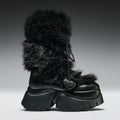 Black fur-trimmed boot with a heart detail on a gradient background
