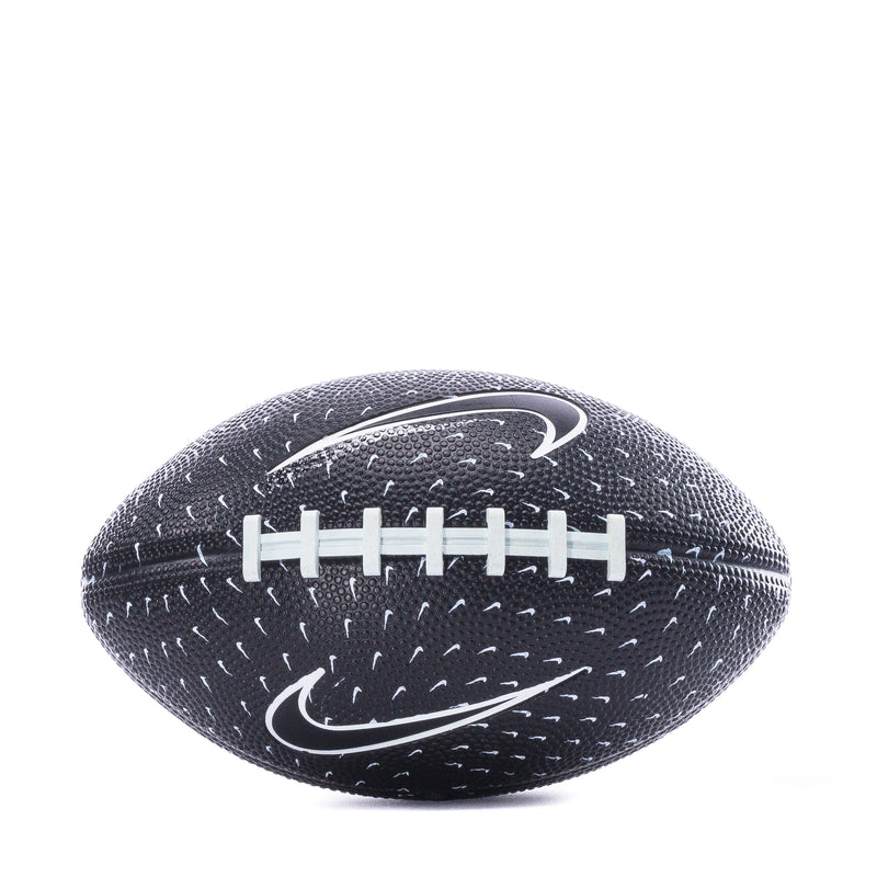 Black mini football with white Nike swoosh and laced stripe graphic