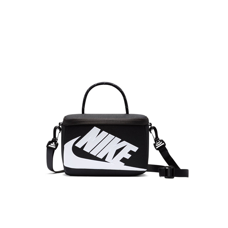 Black mini crossbody bag with white NIKE logo panel and adjustable shoulder strap