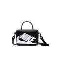 Black mini crossbody bag with white NIKE logo panel and adjustable shoulder strap