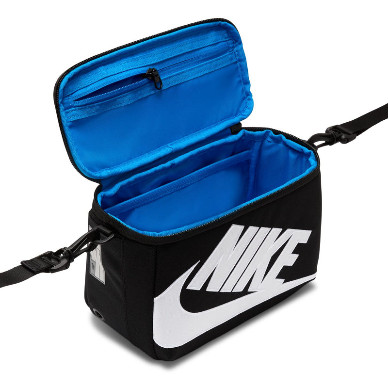 Black mini crossbody bag open to reveal bright blue interior and white NIKE logo