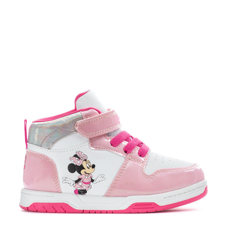 Toddler high-top sneakers in pink and white with Minnie graphic and Velcro strap