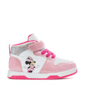 Toddler high-top sneakers in pink and white with Minnie graphic and Velcro strap