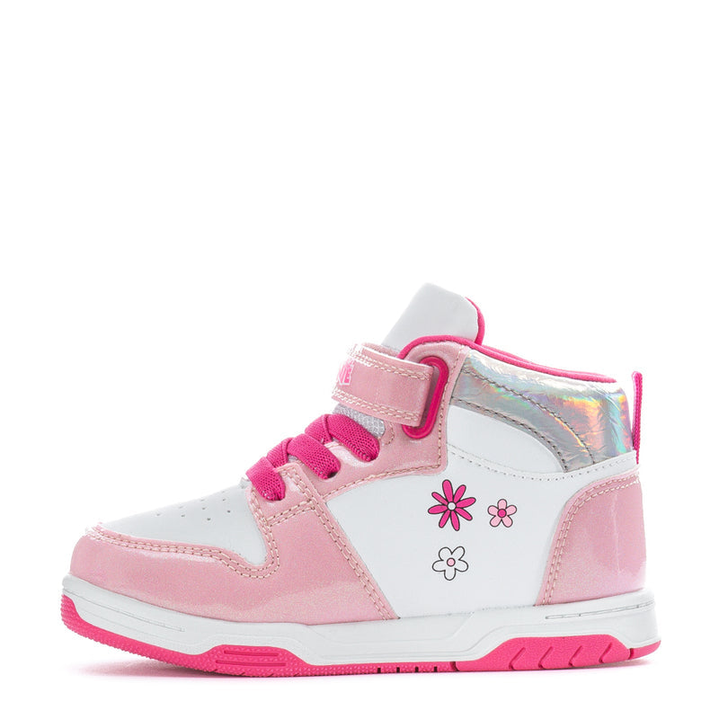 Pink and white high-top sneaker with pink laces, Velcro strap, and flower accents