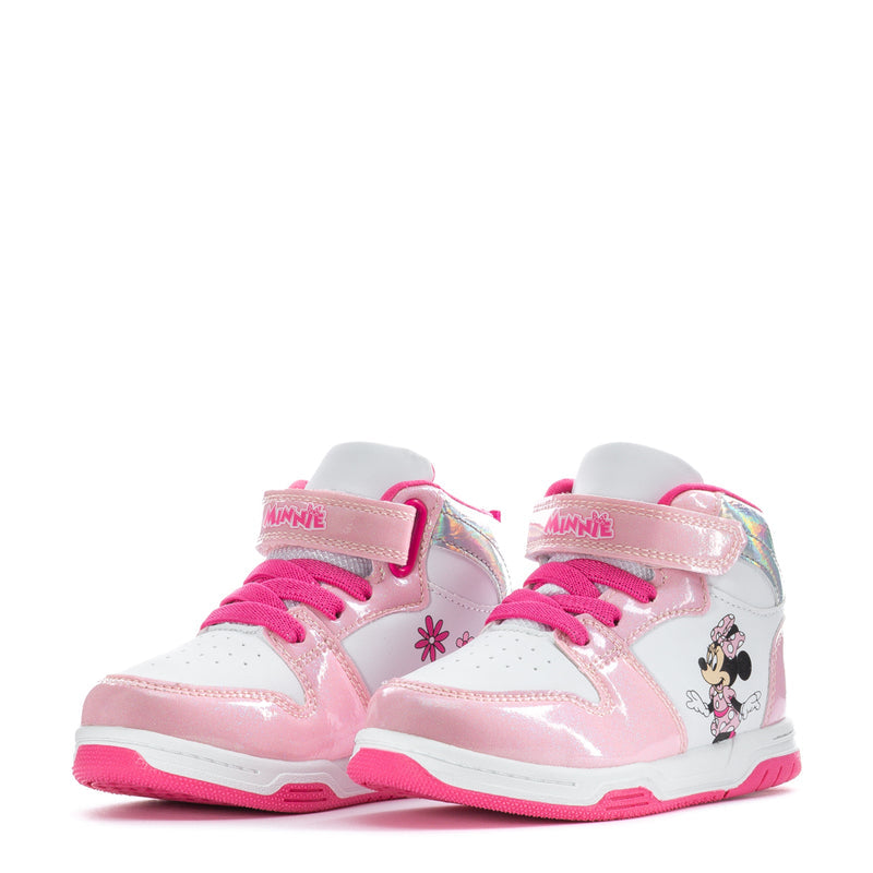 Pair of toddler high-top sneakers in pink and white with Minnie face and stripe details