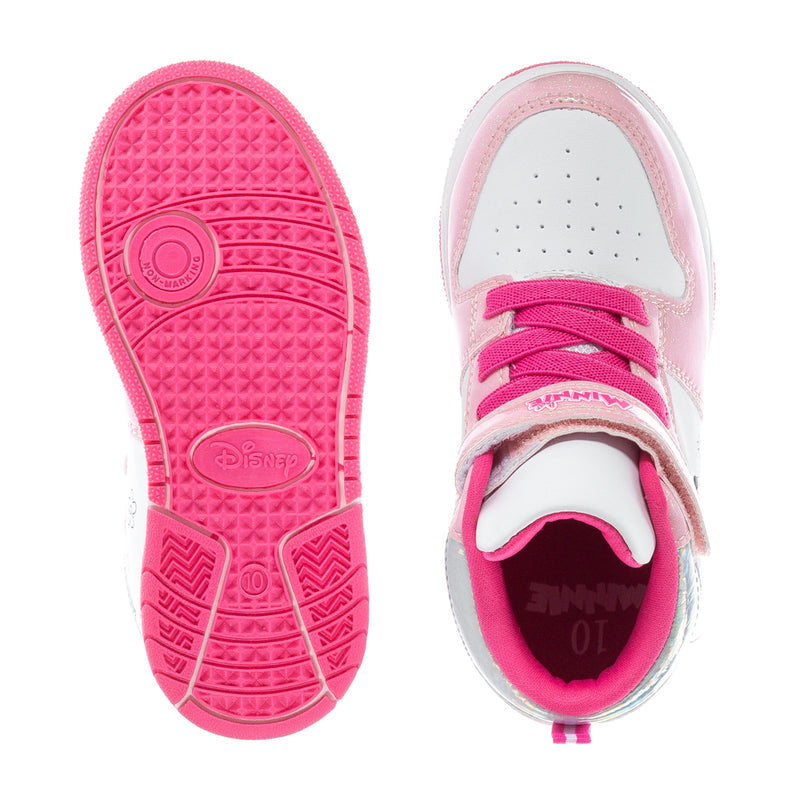 Pink and white high-top sneaker outsole and inner collar with lace and strap openings