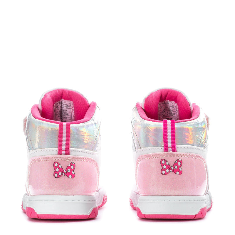 Back view of pink and white high-top sneakers with iridescent heel and bow patch