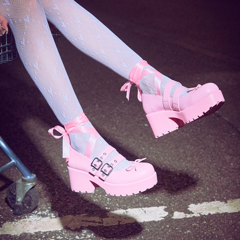 Miyako Lace Up Ballet Shoes - Pink - Kawaii Footwear - Closeup Model