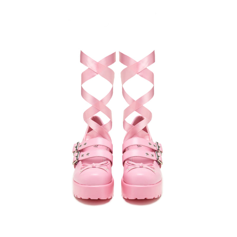 Miyako Lace Up Ballet Shoes - Pink - Kawaii Footwear - Front View