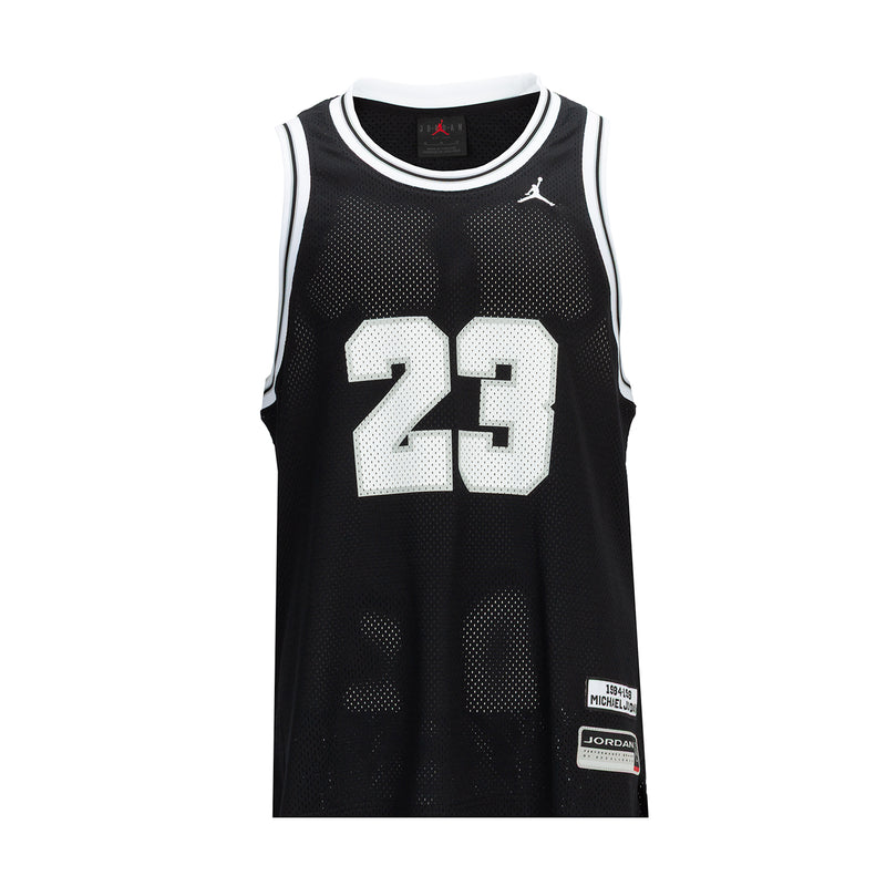 Men's black basketball jersey with white trim, No. 23 print and Jordan logo