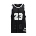 Men's black basketball jersey with white trim, No. 23 print and Jordan logo