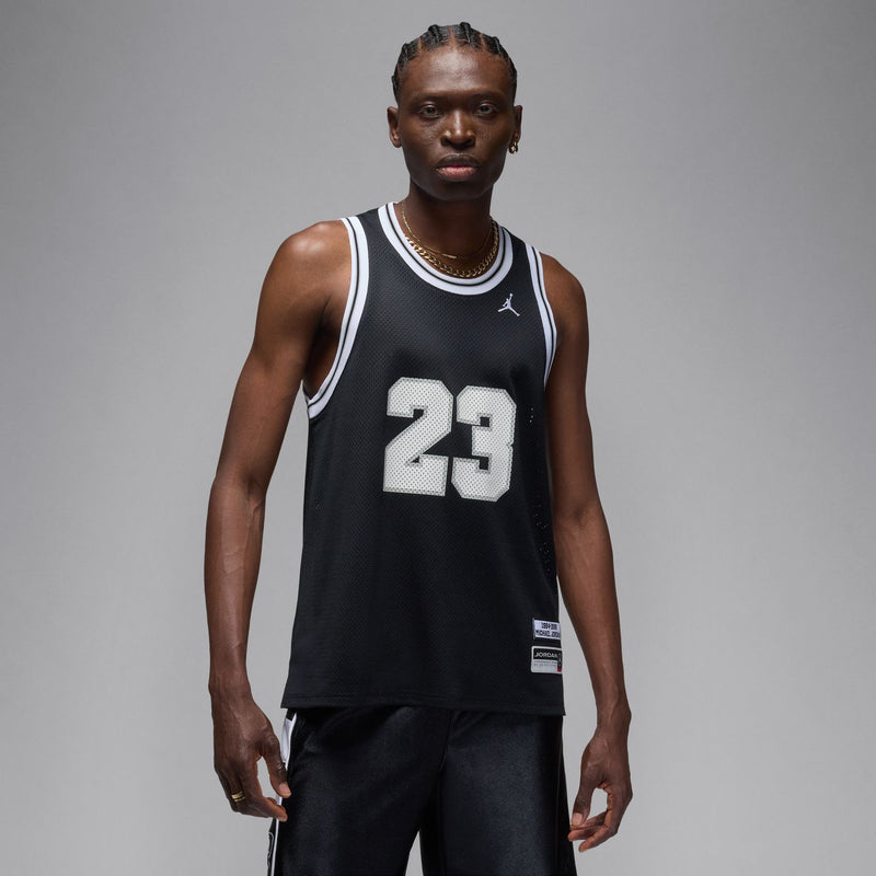 Men's black basketball jersey, white-trim collar, No. 23 front, sleeveless athletic fit