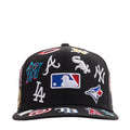 Black baseball cap with all-over embroidered MLB team logos and flat brim