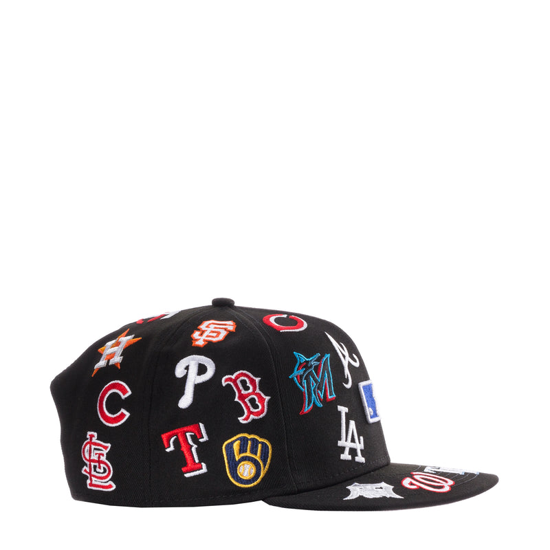 Black baseball cap side view with all-over embroidered MLB team logos