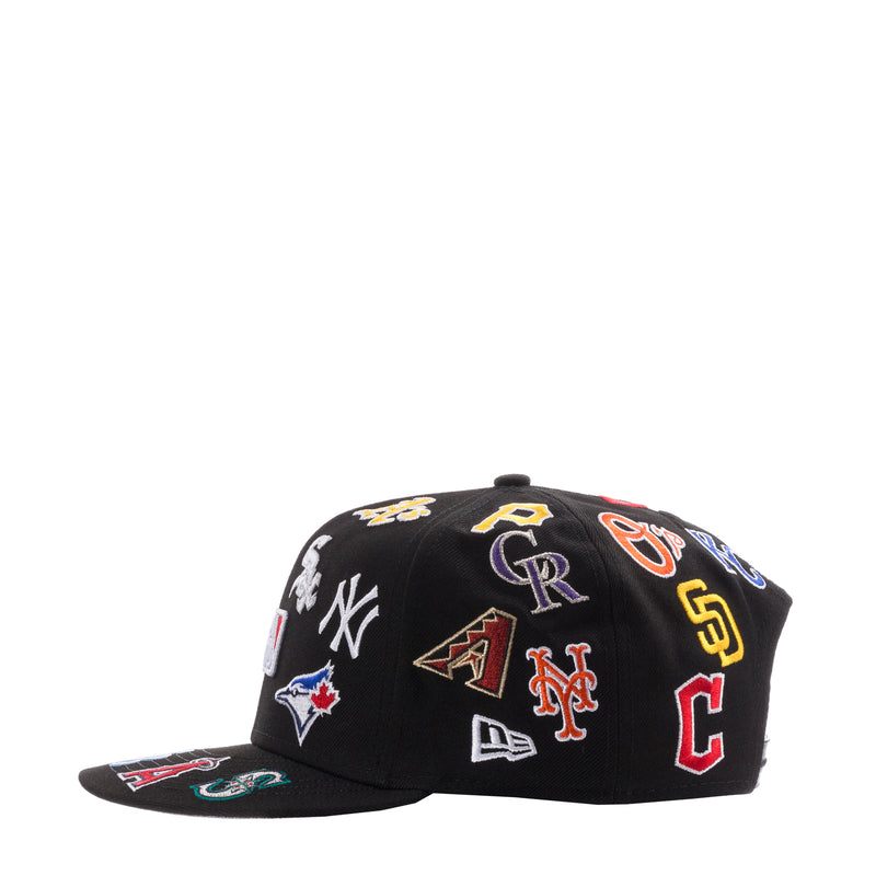 Black baseball cap angled view with colorful all-over embroidered MLB team logos
