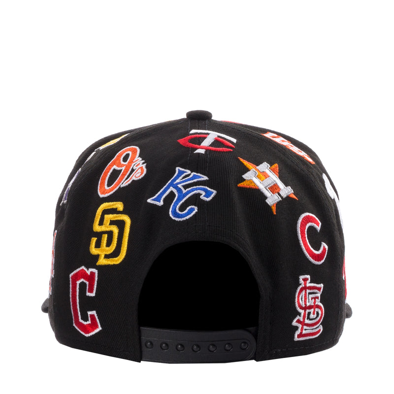 Black baseball cap back view with colorful all-over embroidered MLB team logos