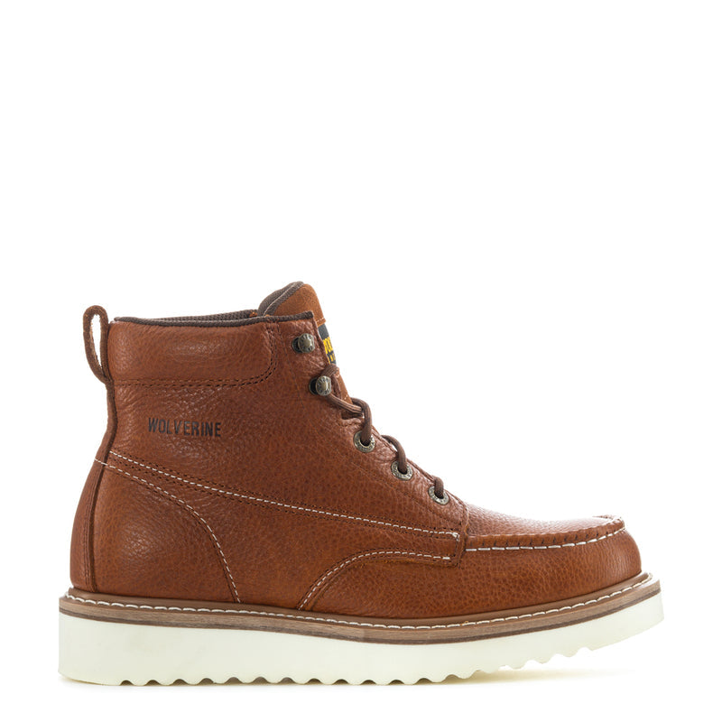 Men's brown moc-toe lace-up boots with round toe and padded collar