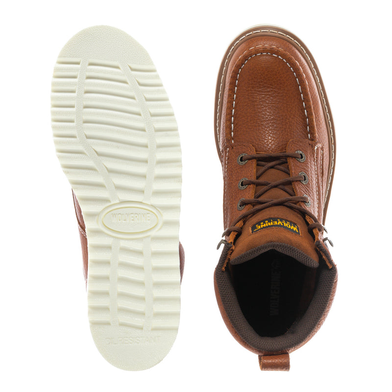 Brown lace-up moc-toe boot sole and opening view, showing tread and collar