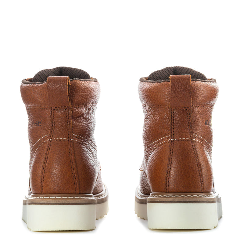 Men's brown moc-toe lace-up boots, back view showing heel and pull tab