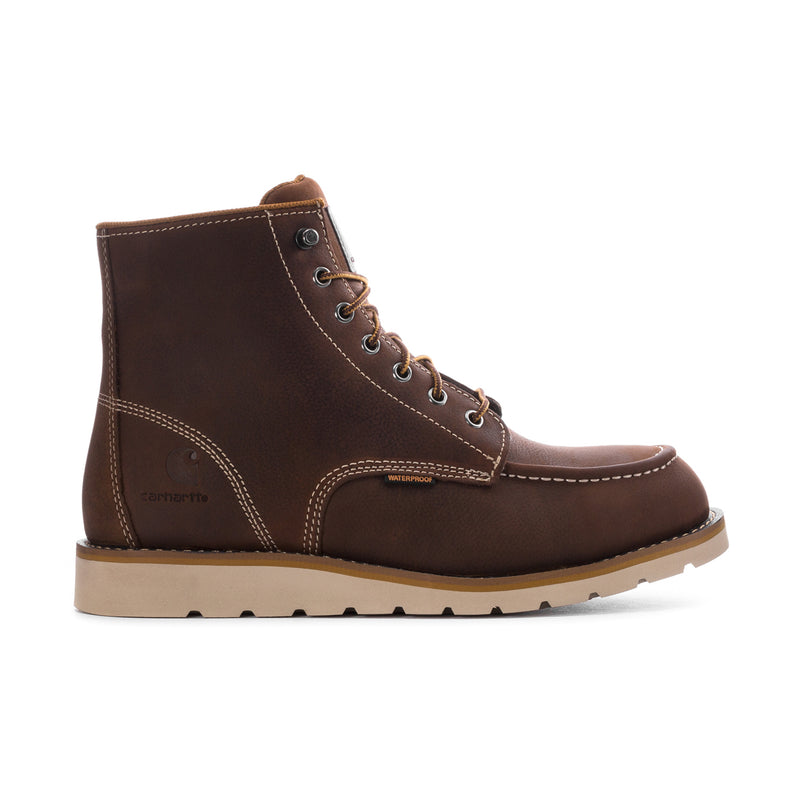 Men's dark brown 6" moc toe work boot with lace-up and tan sole