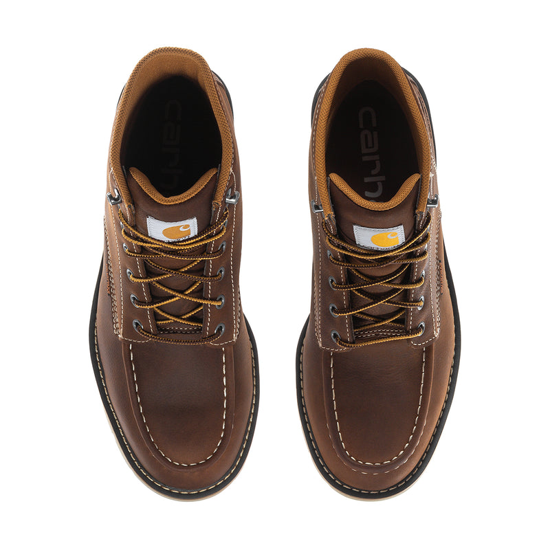 Men's dark brown moc toe work boots, lace-up front view with yellow-brown stitching