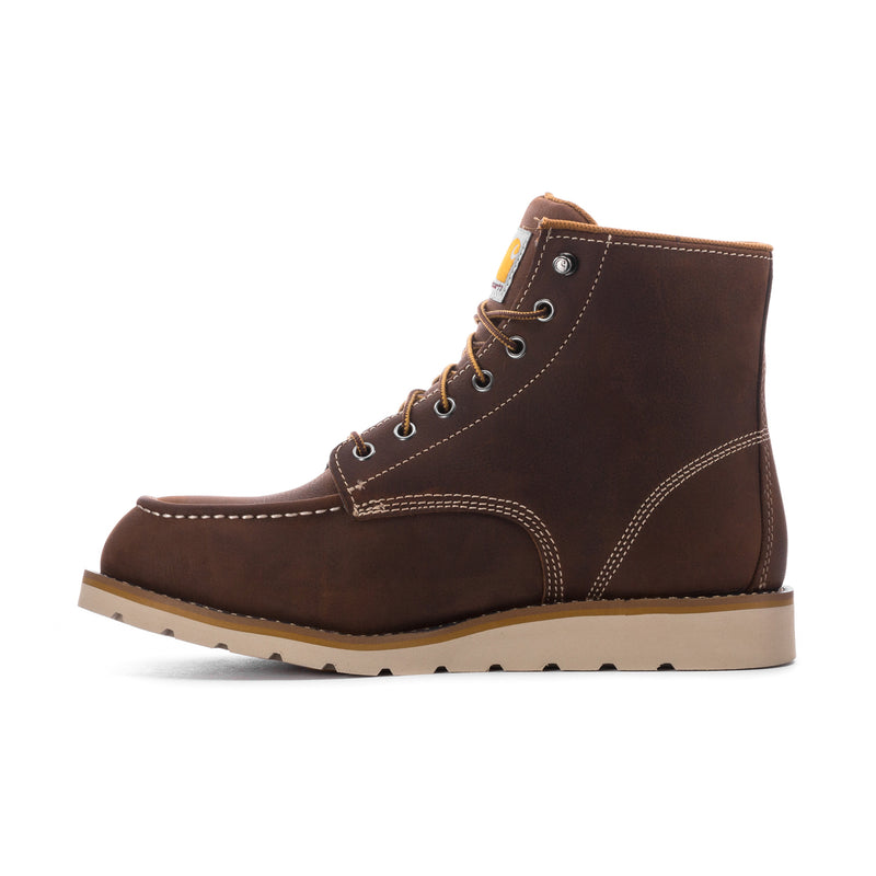 Men's dark brown 6" moc toe work boot, angled side view with lace-up and tan sole