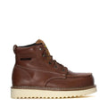 Men's 6" moc-toe steel-toe boot in brown leather, lace-up, padded collar