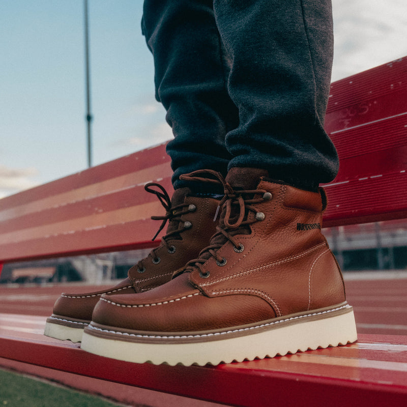 Men's brown lace-up 6" moc-toe steel-toe boot with light outsole
