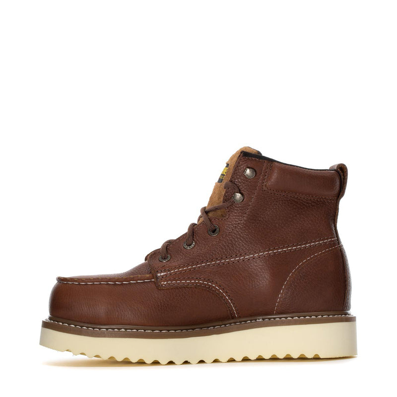 Men's brown 6" moc-toe steel-toe boot, side profile, lace-up stitching