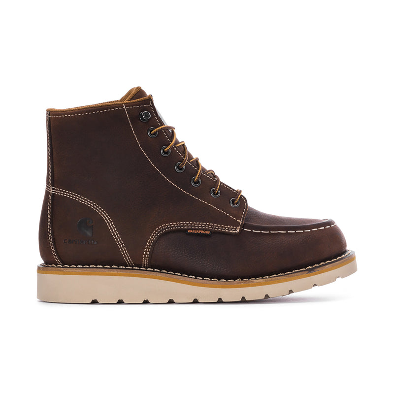 Brown men's moc toe waterproof boot, side profile with lace-up and contrast stitching