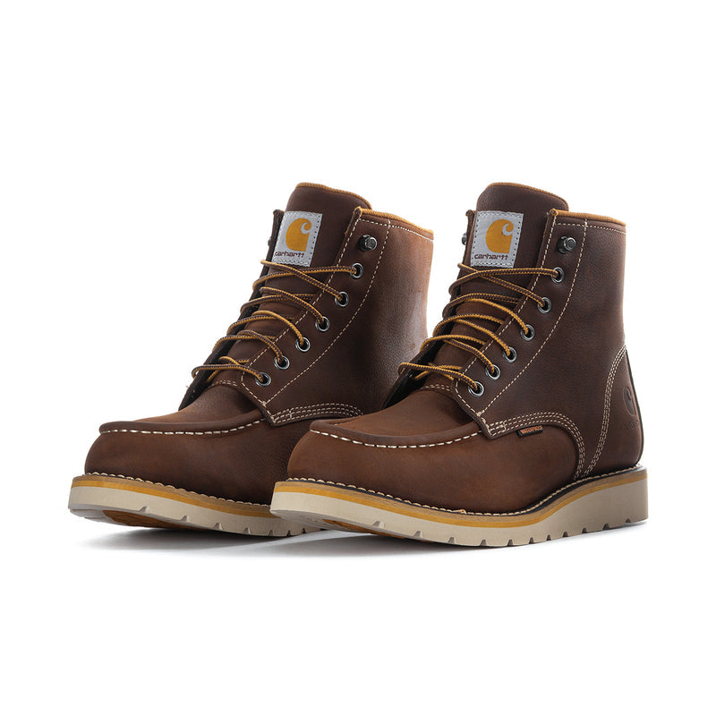 Pair of brown men's 6-inch moc toe waterproof boots, lace-up front view