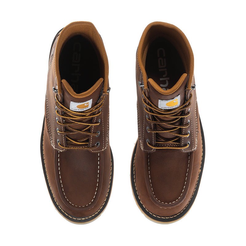 Brown men's lace-up moc toe waterproof boots with logo patch on tongue