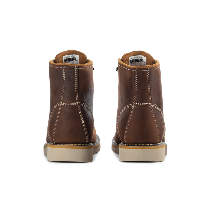 Brown men's 6-inch moc toe waterproof boots, back view with stitched heel panels