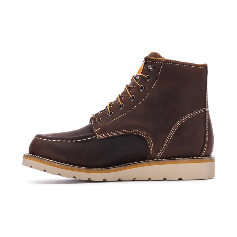 Brown men's moc toe waterproof boot angled side view with lace-up eyelets