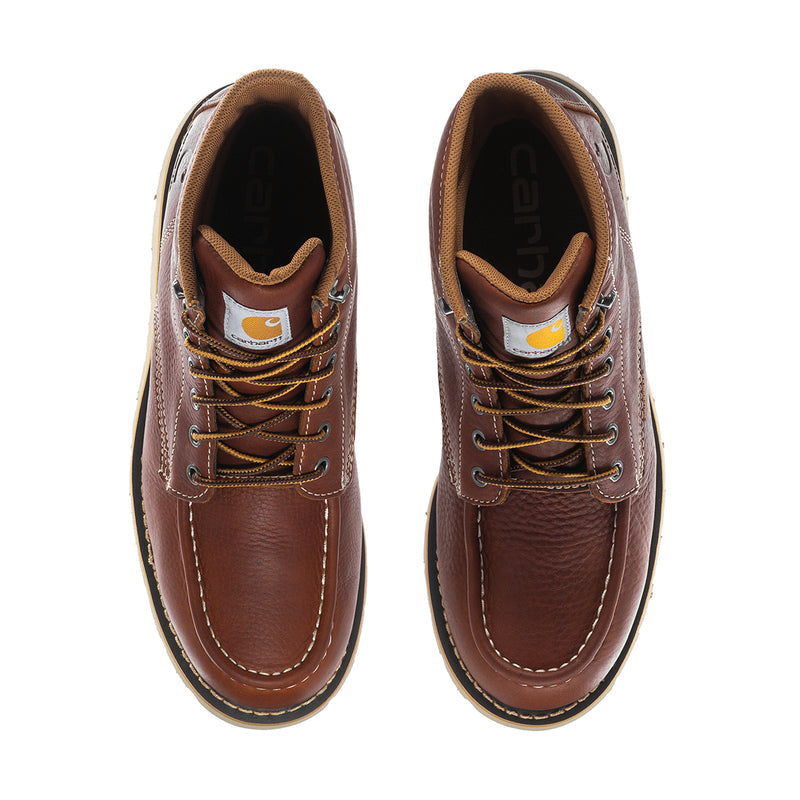Pair of men's brown moc-toe 6" lace-up waterproof boots, front view with laces