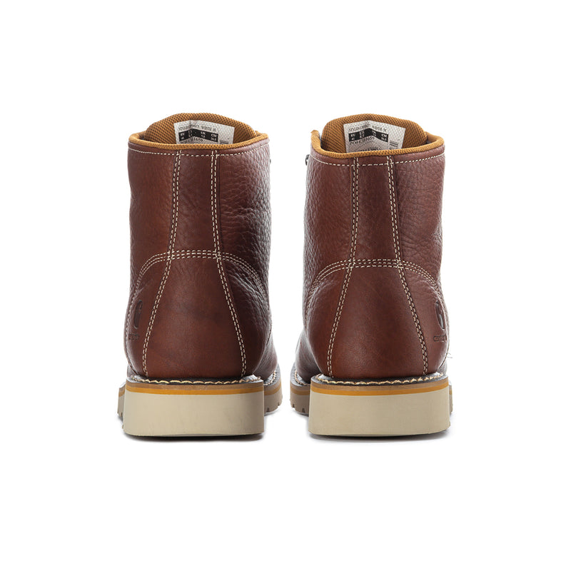 Men's brown moc-toe 6" lace-up waterproof boots, heel/back view, tan sole