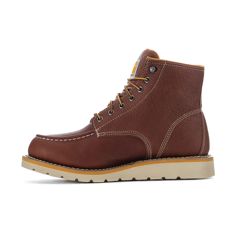 Men's brown moc-toe 6" lace-up waterproof boot, side view with tan sole