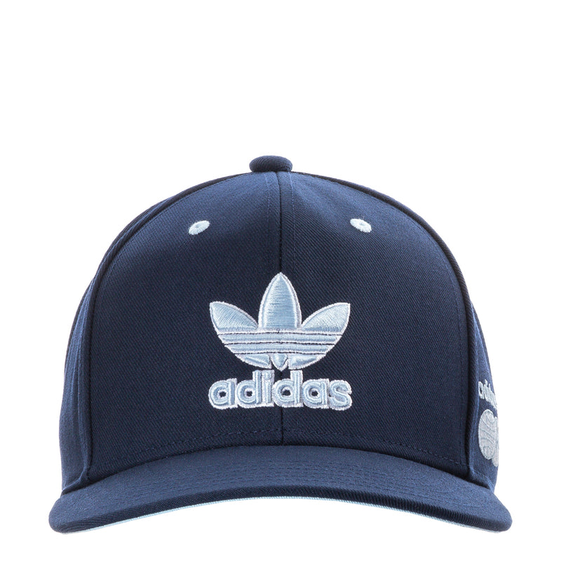 Dark navy structured snapback cap with adidas trefoil and logo, adjustable back strap